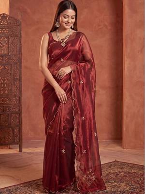 Maroon floral embroidered tissue designer saree 3