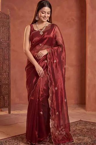 Maroon floral embroidered tissue designer saree