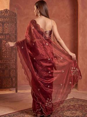 Maroon floral embroidered tissue designer saree 4