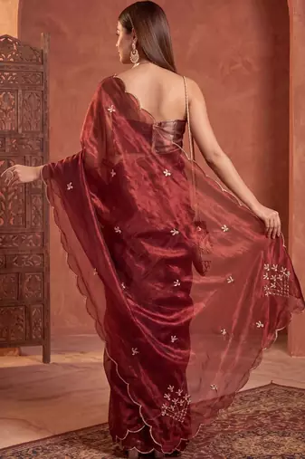 Maroon floral embroidered tissue designer saree
