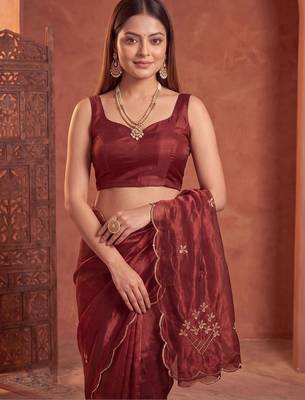 Maroon floral embroidered tissue designer saree 5