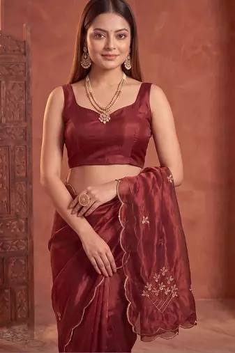 Maroon floral embroidered tissue designer saree