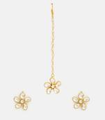 Gold plated kundan white stones beaded floral maang tikka with earrings