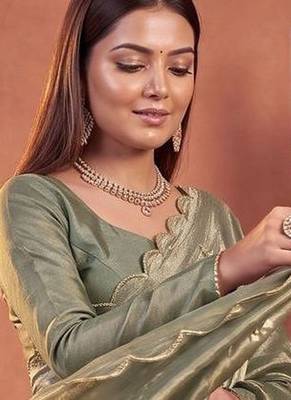 Olive floral embroidered tissue designer saree 1