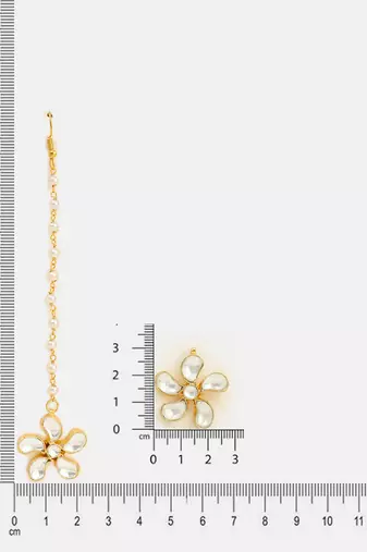 Gold plated kundan white stones beaded floral maang tikka with earrings