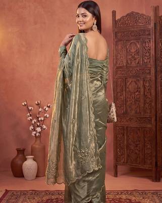 Olive floral embroidered tissue designer saree 2
