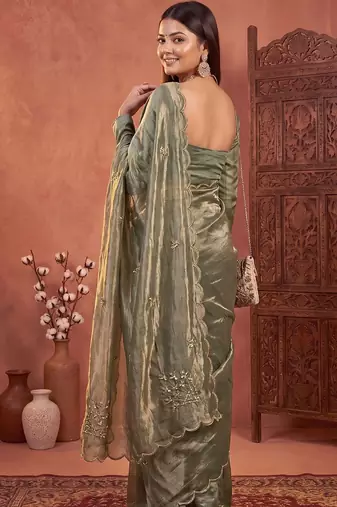 Olive floral embroidered tissue designer saree
