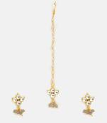 Gold plated kundan grey beaded maang tikka with earrings