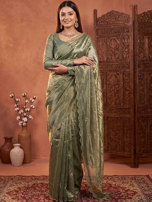 Olive floral embroidered tissue designer saree 3