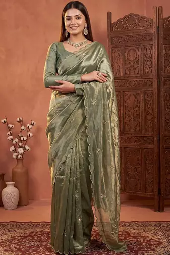 Olive floral embroidered tissue designer saree