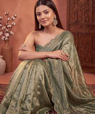 Olive floral embroidered tissue designer saree 4
