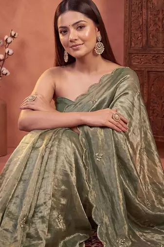 Olive floral embroidered tissue designer saree