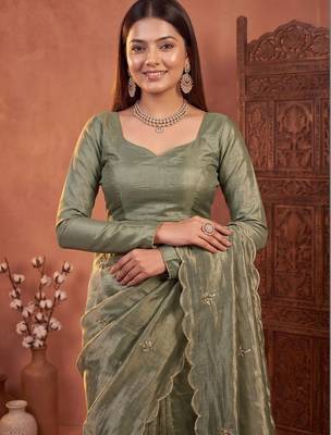 Olive floral embroidered tissue designer saree 5