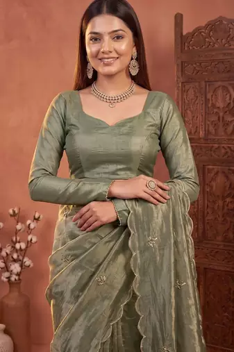 Olive floral embroidered tissue designer saree