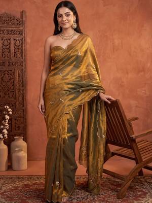 Olive floral embroidered tissue designer saree 1