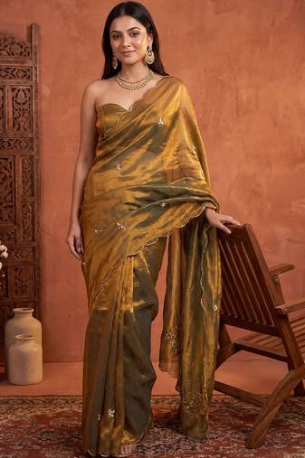 Olive floral embroidered tissue designer saree