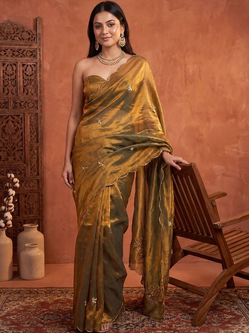 Olive floral embroidered tissue designer saree