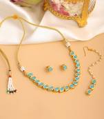 Gold plated kundan turquoise stones necklace set with maang tikka