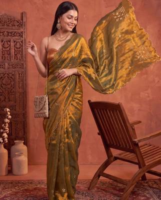 Olive floral embroidered tissue designer saree 2