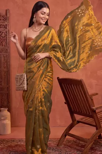 Olive floral embroidered tissue designer saree