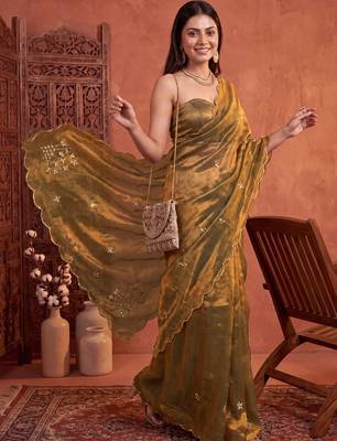 Olive floral embroidered tissue designer saree 3