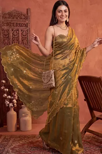 Olive floral embroidered tissue designer saree
