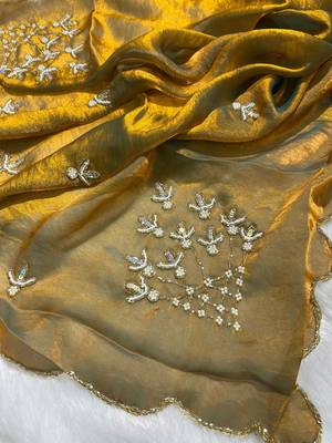 Olive floral embroidered tissue designer saree 5