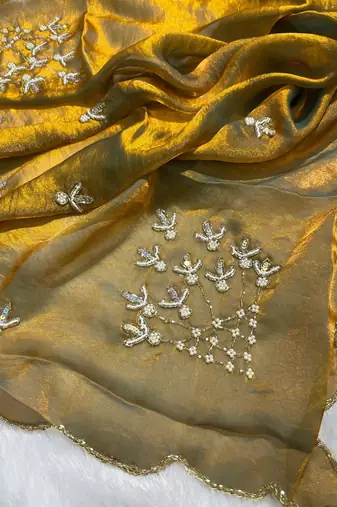 Olive floral embroidered tissue designer saree