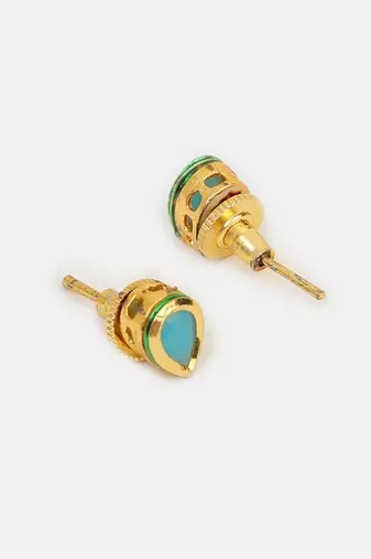 Gold plated kundan turquoise stones necklace set with maang tikka