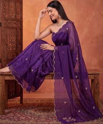 Purple floral embroidered tissue designer saree 1