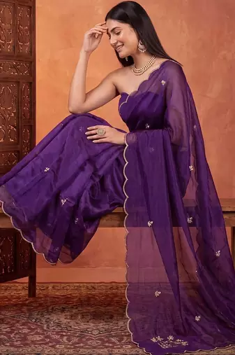 Purple floral embroidered tissue designer saree