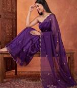 Purple floral embroidered tissue designer saree
