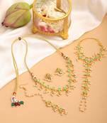Gold plated kundan mint green stones necklace set with maang tikka and haathphool