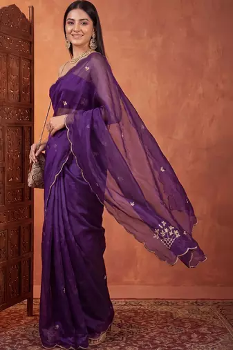 Purple floral embroidered tissue designer saree