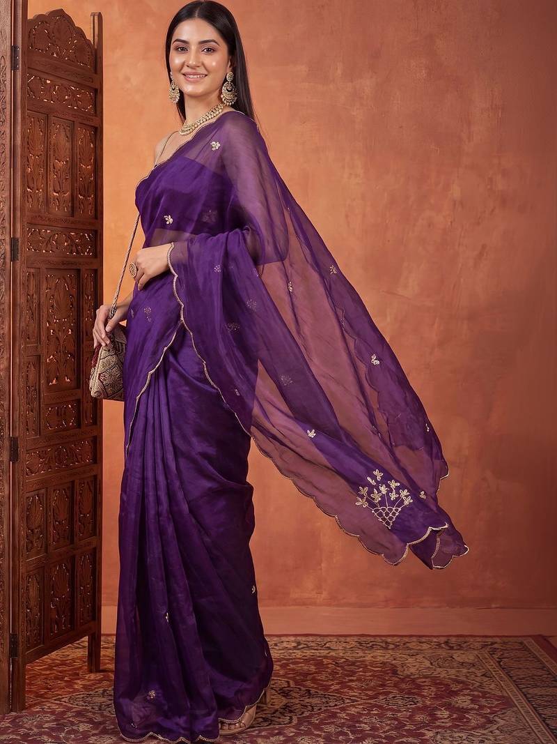 Purple floral embroidered tissue designer saree