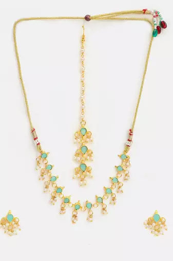 Gold plated kundan mint green stones necklace set with maang tikka and haathphool
