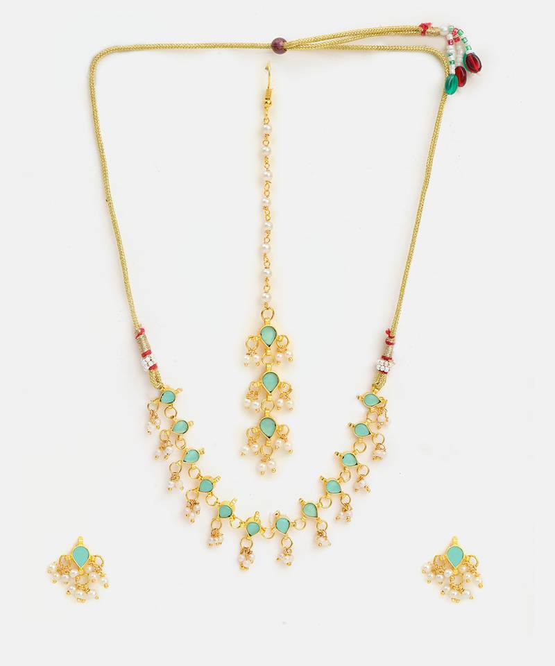 Gold plated kundan mint green stones necklace set with maang tikka and haathphool