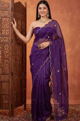 Purple floral embroidered tissue designer saree