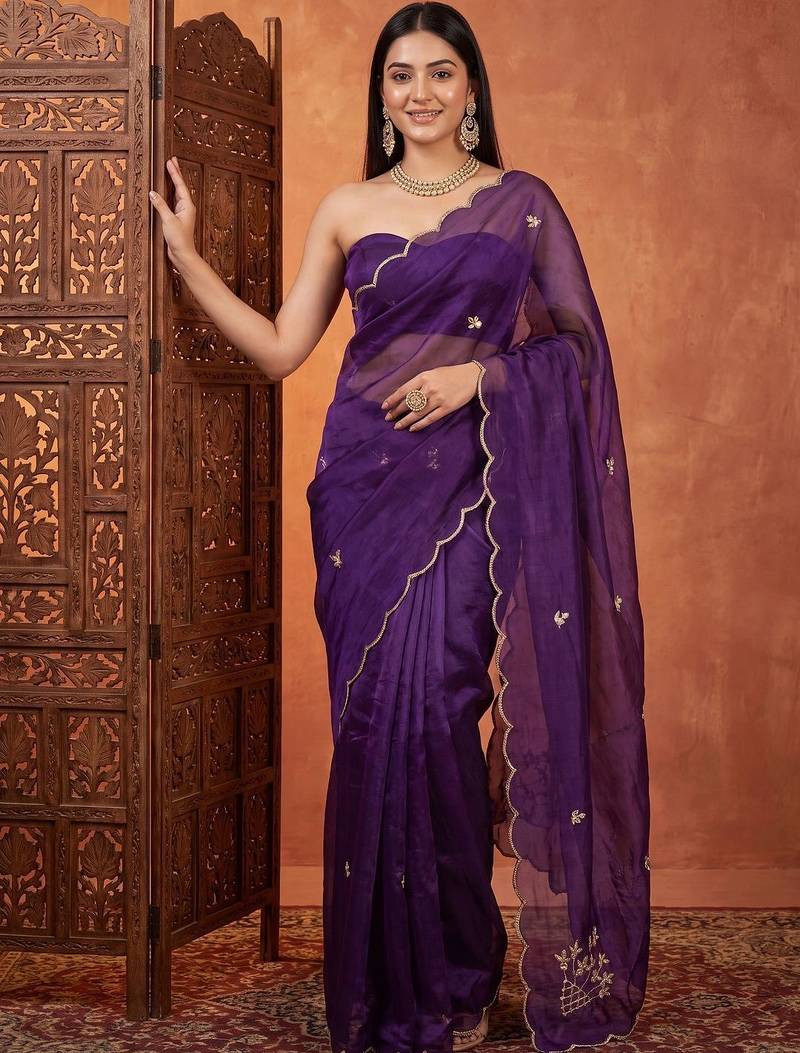 Purple floral embroidered tissue designer saree