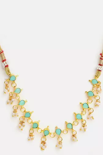 Gold plated kundan mint green stones necklace set with maang tikka and haathphool