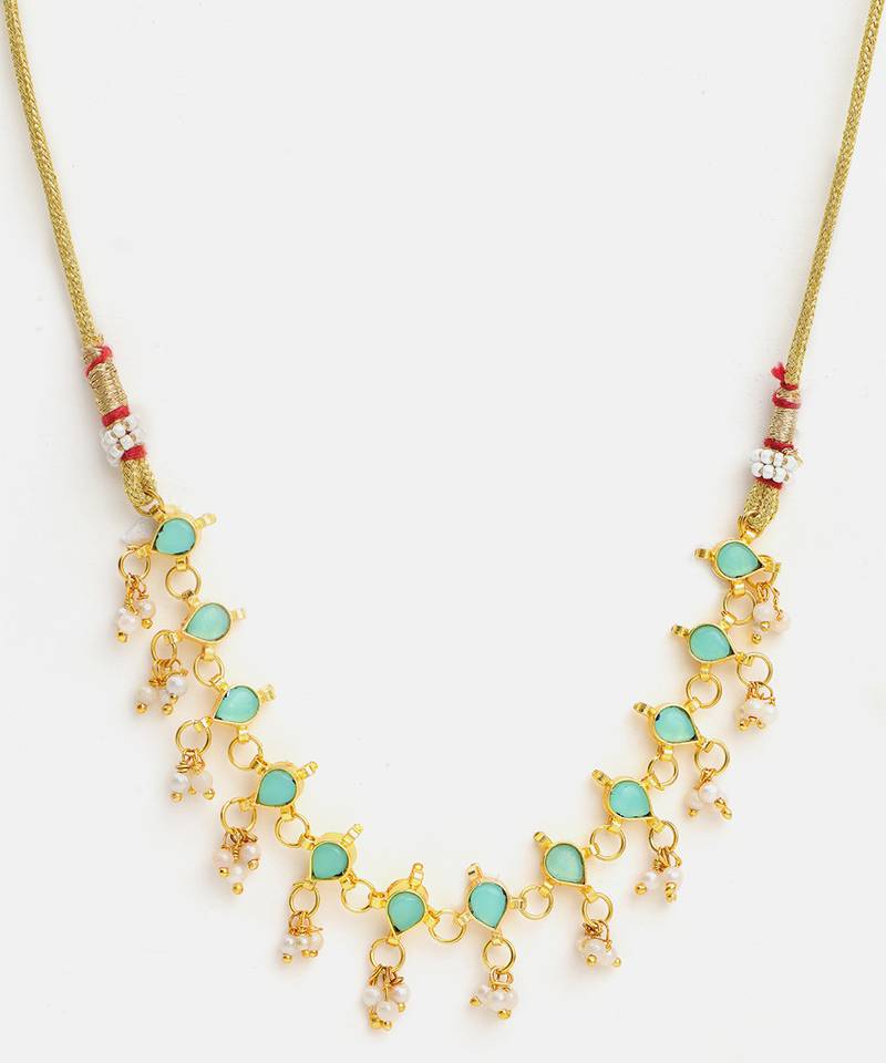 Gold plated kundan mint green stones necklace set with maang tikka and haathphool