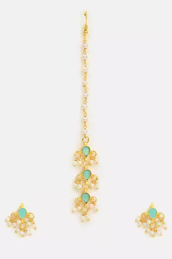 Gold plated kundan mint green stones necklace set with maang tikka and haathphool