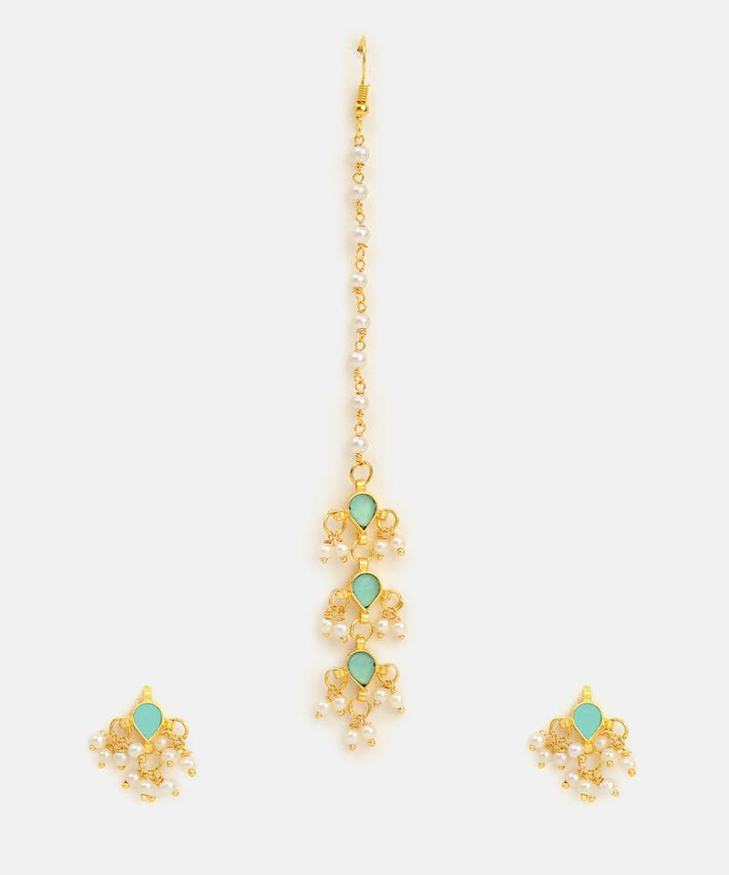 Gold plated kundan mint green stones necklace set with maang tikka and haathphool