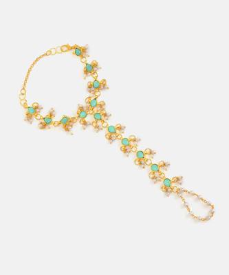 Gold plated kundan mint green stones necklace set with maang tikka and haathphool 5