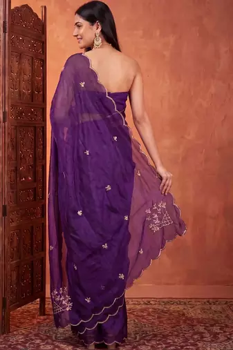 Purple floral embroidered tissue designer saree