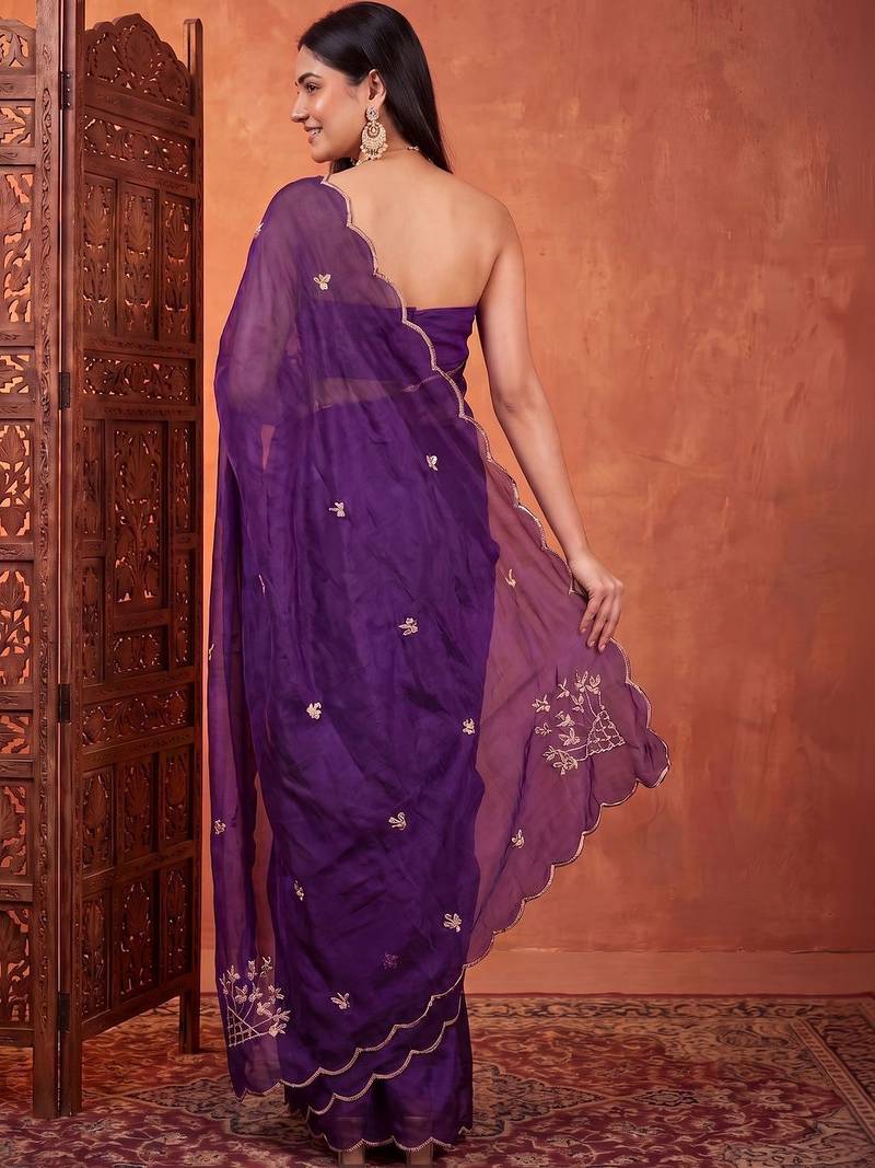 Purple floral embroidered tissue designer saree