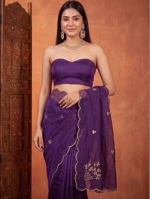 Purple floral embroidered tissue designer saree 5