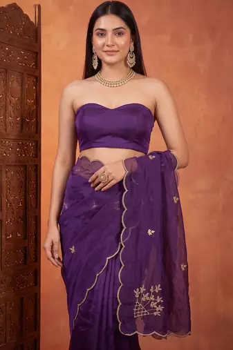 Purple floral embroidered tissue designer saree