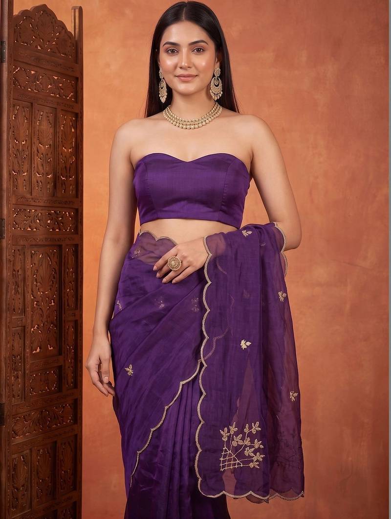 Purple floral embroidered tissue designer saree