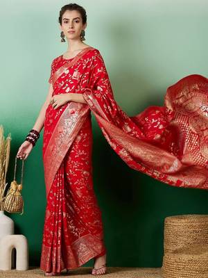 Red ethnic motif zari woven kanjeevaram saree with blouse 1